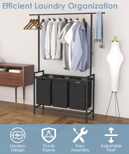 Large Laundry Hamper with Clothes Rack Hanging Bar, 10 x 3 Gal Pull-Out & Removable Sorter Bags, Freestanding Laundry Basket Organizer for Bathroom, Bedroom and Laundry Room, Black