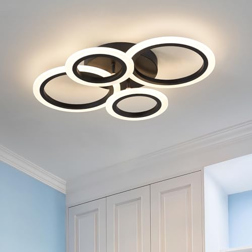 Shine LUEST 34W Modern LED Ceiling Light, 3000K-6000K Dimmable Ceiling Lighting Fixtures Ceiling Mount 4 Rings Black LED Chandelier Bedroom Lights Flush Mount with Remote for Kitchen, 2720LM - color: Black, 4 Rings
