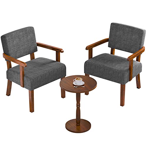 Accent Chairs Set of 2, 2 Solid Wood Armchairs with Side Table | Living Room Chairs with Soft Thicken Cushion, Comfy Reading Chair for Bedroom, Waiting Room, Home Office, Easy Assembly - color: Linen Gray, size: Set of 2 with table