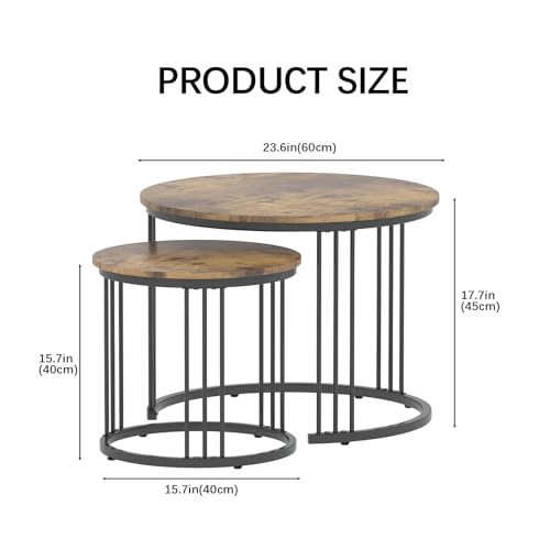 Nesting Coffee Table, 23.6" Round Coffee Table Set of 2, Wooden Nesting Table with Metal Frame, Ceter Tables for Living Room Bedroom Balcony, Rustic Brown - color: Rustic Brown