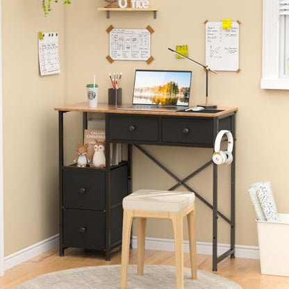 3IngSeagulls Small Computer Desk with 4 Fabric Drawers, Simple Writing Desk for Home Office, Compact Study Desks for Small Spaces, Kids Desk Study for Bedroom, Rustic Brown - color: Rustic Brown