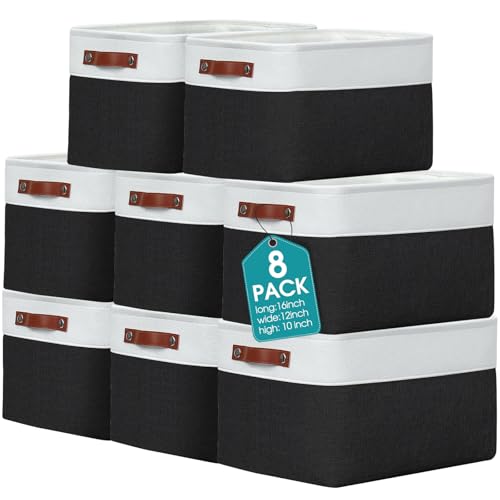 Uiifan 8 Pack 16 x 12 x 10 Inch Large Storage Baskets Collapsible Fabric Storage Cubes Bins with Handles for Shelves Closets Nursery Home Clothes Toys Organizers, Black - color: Black, size: 16 x 12 x 10 Inch