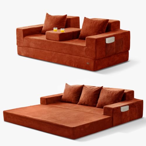 MAXYOYO Sofa Bed, 80-Inch Oversized Boneless Loveseat, 2 Cup Holders | Corded Orange 4-in-1 Boneless Couch Converts Into a Floor Sofa or Chair; Sofa-in-a-Box Design Requires No Assembly. - color: Corded Orange, size: Oversized(80" Length)