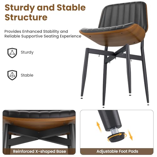YaFiti Mid Century Dining Chairs with Walnut Bentwood, Set of 2, Black | Ergonomic Walnut Backrest, Upholstered Waterproof PU Leather Seat, Stable Metal Legs, Adjustable Footpads, Apartment Friendly - color: Black Pinstripe