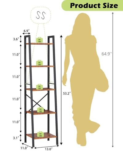 Furologee 5 Tier Ladder Shelf Bookcase, Tall Narrow Bookshelf with 2 Hooks, Rustic Brown Bathroom Corner Book Shelf, Metal Wood Book Case Standing Unit, Display Shelf for Living Room Office Kitchen