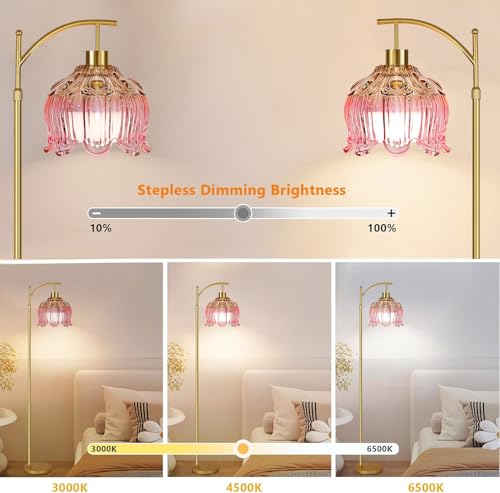 ILLMTW Pink Floor Lamp for Living Room,Bedroom,Glass Mid Century Modern Standing Lamp with Remote,Dimmable Gold Brass Tall Lamp Tulip Flower Arc Floor Light Boho Bohemian - size: Floor Lamp-23