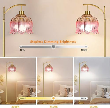 ILLMTW Pink Floor Lamp for Living Room,Bedroom,Glass Mid Century Modern Standing Lamp with Remote,Dimmable Gold Brass Tall Lamp Tulip Flower Arc Floor Light Boho Bohemian - size: Floor Lamp-23