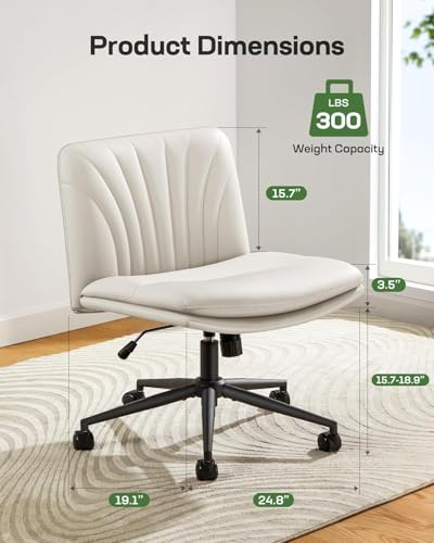 Marsail Criss Cross Chair with Wheels: PU Leather Cross Legged Office Chair Wide Armless Desk Chair Swivel Height Adjustable Vanity Chair for Make Up,Small Space,Bed Room(Beige) - color: Beige