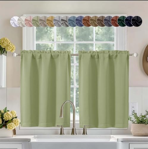 Aiyufeng Sage Green Short 36 Inches Blackout Curtain 2 Panels Set, Half Window Rod Pocket Privacy Curtain Tiers for Kitchen, Curtains Blackout for Bathroom Shades, W40 x L36 Inch, Sage Green - color: Sage, size: 40"W x 36"L (Pack of 2)