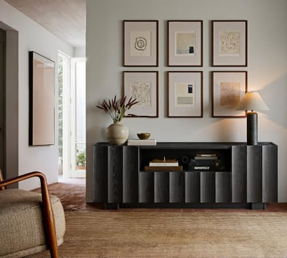 win2win 61" Modern TV Stand with Storage, Wave Design, Black | Media TV Console for Living Room Bedroom, Entertainment Center for 70 Inch TV, Wood Grain Finish, Adjustable Shelves - color: Black