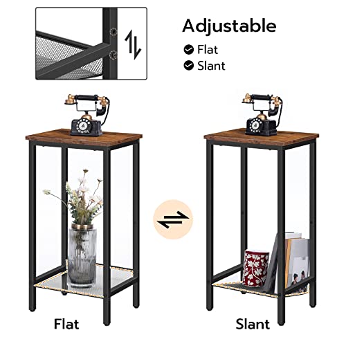 HOOBRO Tall Side Table, Small End Telephone Table, Industrial Nightstand, Small Entryway Table with Adjustable Mesh Shelf, Narrow Bedside Table for Living Room, Bedroom, Hallway, Office, Rustic Brown - color: Rustic Brown + Black