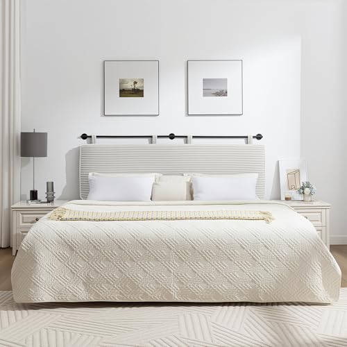 Queen Headboard Only, Wall Mounted Hanging Upholstered Bed Head Board | Modern Vertical Channel Design of Fine Flannel, Elegant Beige Fluted Headboard for Bedroom (Beige, Queen Size) - color: Flannel/Beige, size: Queen