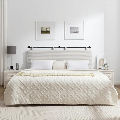 Queen Headboard Only, Wall Mounted Hanging Upholstered Bed Head Board | Modern Vertical Channel Design of Fine Flannel, Elegant Beige Fluted Headboard for Bedroom (Beige, Queen Size) - color: Flannel/Beige, size: Queen