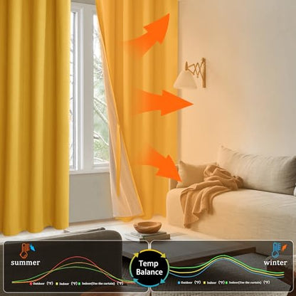 XWZO 100% Blackout Curtains 45 Inches Long with Tiebacks- Soundproof & Energy Efficiency Window Draperies Grommet Top with Black Liner for Bedroom/Living Room, Yellow, W38 x L45, Set of 2 - color: Yellow, size: 38"W x 45"L (Pack of 2)