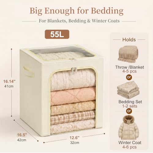 GoMaihe Blanket Storage Bins with Metal Frame for Closet, 55L 6-Pack Beige | Winter Coat Clothing Comforters Bedding, Closet Top Shelf Organizer, Collapse-Proof Stackable, Clear Window Dual Access - color: Beige, size: 55L