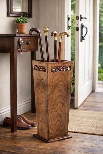 Antique Wooden Umbrella Stand & Walking Cane Holder for Home, Office & Entryway | Hand-Carved Solid Wood Umbrella & Cane Storage Rack | Size 21.5 x 8 x 8 in, Base 7.5 x 7.5 inches (Solid)