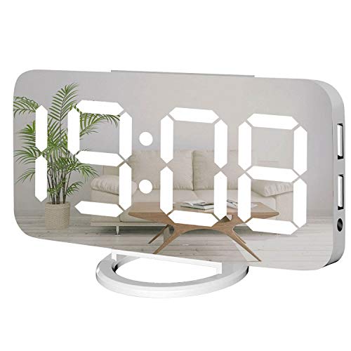 Miowachi White Digital Alarm Clock for Bedrooms, Small Desk Table Bedside Nightstand Cute Decorative LED Mirror Clock for Home Room Office Vanity, USB Charger