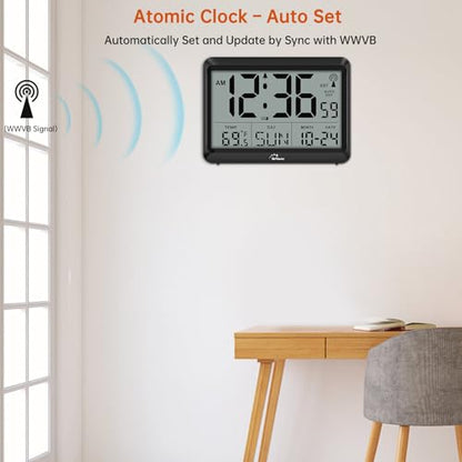 Self-Setting Atomic Digital Wall Clock with Auto DST | Battery Operated, Large Display with Temperature, Date and Day, 4 Time Zones, Wall Mount/Desktop Clock for Classroom, Office - size: Medium