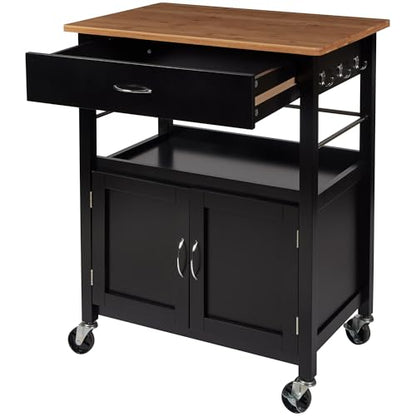 Kitchen Island Cart on Wheels, Black Base, Natural Bamboo Top | Drawer, Storage Cabinet, Shelf, Butcher Block - color: Black Base