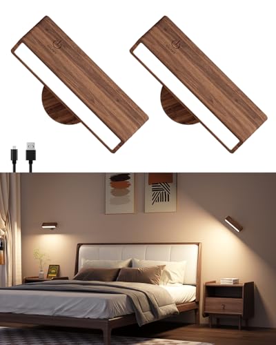 DetarZinLED Battery Operated Wall Sconces Set of 2,Rechargeable Wall Lights Wood,Stick On Wall Lights for Bedroom,Wall Mounted Bedside Reading Lamps Dimmable,Battery Powered Wall Lamp for Bedroom - color: Brown, size: 2 Pack