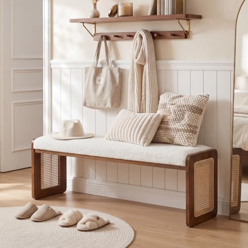LITTLE TREE Shoe Bench with Cushion, Solid Wood Bench for Entryway、Hallway | Modern Storage Bench with Padded Seat, Narrow Rustic Space-Saving Bench with Cushioning Footpads, Elegant Wicker Design