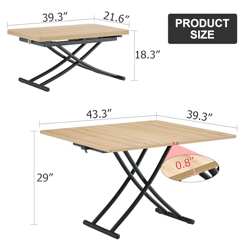 Liftable Folding Dining Table for 4, Adjustable Drop Leaf Table, Folding Coffee Table for Small Spaces, Scratch-Resistant Wood Top with Metal Frame for Apartment Kitchen Living Room - color: Oak-black