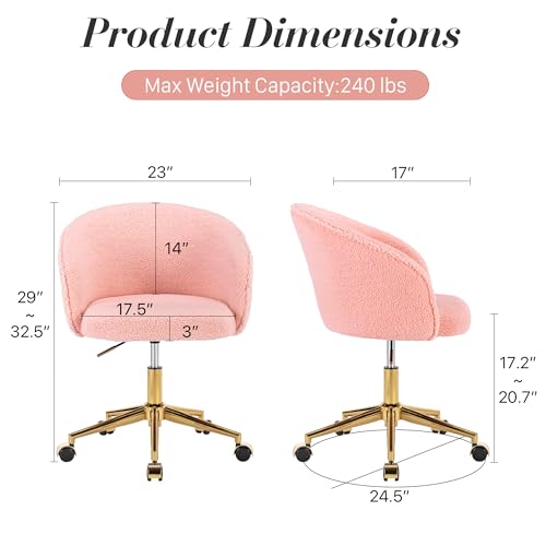 Faux Fur Makeup Vanity Chair,Home Office Desk Chair with Wheels, Blue | Fluffy Swivel Modern Armchair Upholstered Fuzzy Height Adjustable for Teens Women Girls Elegant for Living Room Bedroom - color: Round Pink+golden Base
