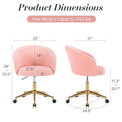 Faux Fur Makeup Vanity Chair,Home Office Desk Chair with Wheels, Blue | Fluffy Swivel Modern Armchair Upholstered Fuzzy Height Adjustable for Teens Women Girls Elegant for Living Room Bedroom - color: Round Pink+golden Base