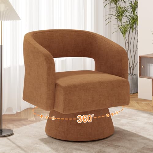 Luxanimarion Swivel Barrel Accent Chair Set of 1,Oversized Chenille Upholstered Round Swivel Chair,Modern Luxury 360 Degree Living Room Vanity Chair for Bedroom Office,Khaki,1PCS - color: Brown-chenille, size: Set of 1