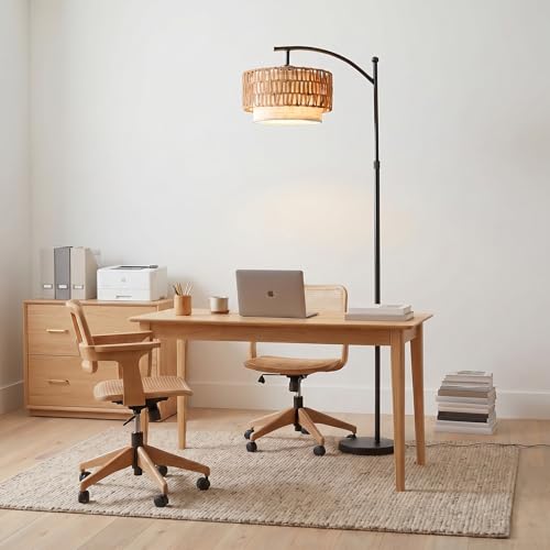 Rattan Floor Lamp with 12W LED Bulb, 57.5"-67" Adjustable Height Boho Standing Lamp, 3 Color Temperatures, Dual Rattan & Fabric Shades, Angle Adjustable Floor Lamp for Living Room Bedroom - style: Bohemian-Black