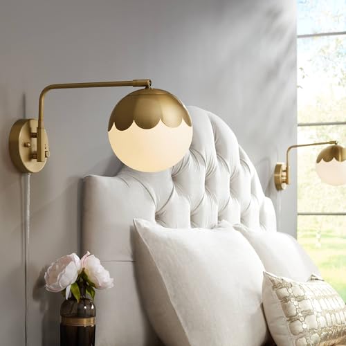 Camila Brass Glass Globe Plug-In Swingarm Wall Lamps Set of 2 Light Fixture | Modern Swing Arm Antique Metal Round Shade for Bedroom Bedside House Reading Living Room Home Hallway Dining - color: Brass - Set of Two