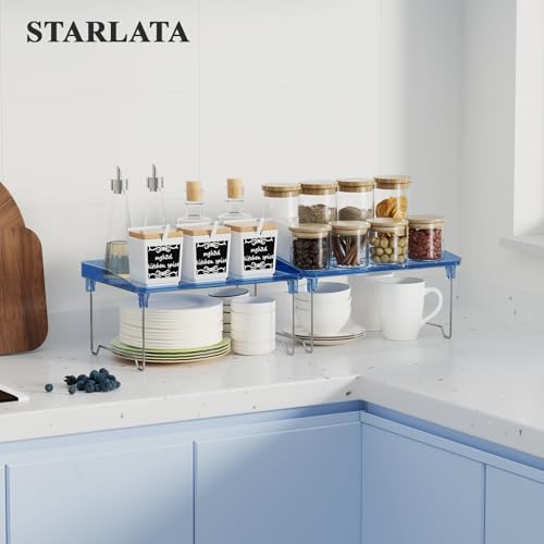 STARLATTA Acrylic Cabinet Organizer Shelf,2 Pcs Stackable Kitchen Counter Shelves,Spice Rack,Countertop Organizers,Clear Plastic Storage Organization for Makeup, Bathroom,Cupboard,Desk,Pantry - color: blue, size: 2 pack