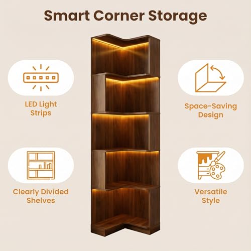 Corner Bookshelf, 5 Tier Tall Corner Bookcase with LED Lights, Freestanding L Shaped Open Display Shelf for Living Room, Bedroom, Home Office (Walnut) - style: Walnut-without drawers