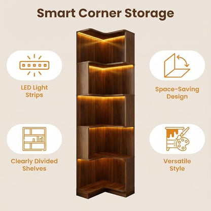 Corner Bookshelf, 5 Tier Tall Corner Bookcase with LED Lights, Freestanding L Shaped Open Display Shelf for Living Room, Bedroom, Home Office (Walnut) - style: Walnut-without drawers