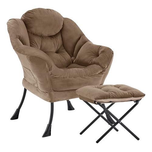 Lazy Chair with Ottoman, Modern Accent Lounge Chair with Side Pocket and Armrests, Cozy Reading Armchair with Footrest, Upholstered Sofa Chair for Small Spaces, Bedroom Living Room, Brown - color: Brown