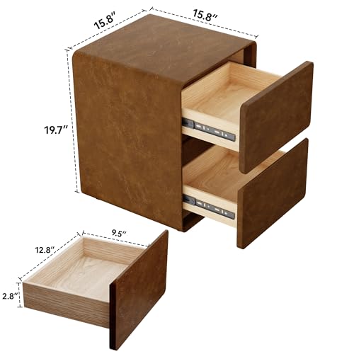 15.8" W Faux Leather Narrow Nightstand, Modern Fully-Assembled Bedside Table with 2 Drawers, Wood Night Stand Small Accent End Table & Side Table for Bedroom, Brown - color: Brown, size: 16in