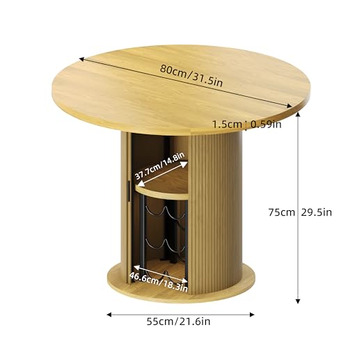 Wildhome Round Dining Table for 2-3, 31 Inch Dining Room Kitchen Table with 2-Tier Storage Shelf & Wine Rack, Modern Farmhouse Fluted Wood Slide Door Dinner Furniture,Circle(Non scalable-32 Inch-Oak) - color: Non-scalable-32 Inch-oak