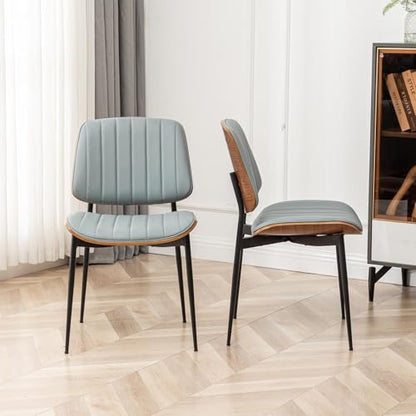 LUNLING Dining Chairs Set of 2,Mid Century Modern Retro Faux Leather Chair with Walnut Bentwood Upholstered Seat Metal Legs Adjustable Foot for Kitchen Dining Room Chairs(Blue) - color: Blue, size: Set of 2