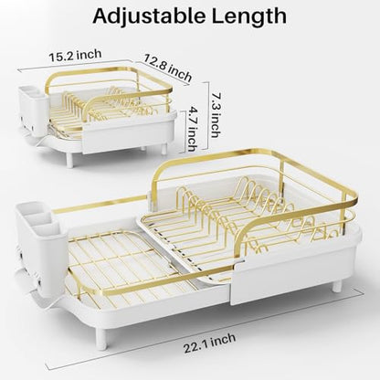 SNTD Expandable Dish Drying Rack for Kitchen Counter, 15.2-22.1 in, Gold | Rust-Resistant Stainless Steel, Protective Side Rails, Self-Draining Drainboard, Removable Utensil Holder - color: Gold