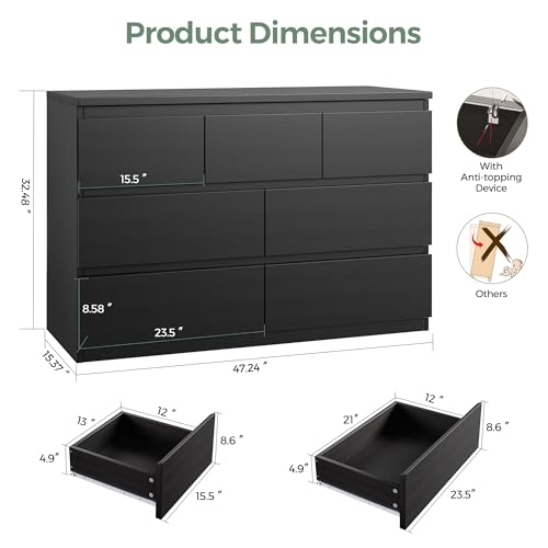 Jocoevol Modern Black 7 Drawer Dresser for Bedroom, Simply Chest of Drawers, Wood Storage Dresser with Deep Drawers for Living Room Hallway Entryway, Black - color: Black