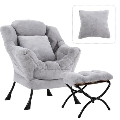 Lazy Chair with Ottoman, Plush Reading Chair with Pillow，Gray | Removable machine-washable cover; includes an extra throw pillow; cozy accent chair for living room, bedroom, dorm or office - color: Plush White Grey-1