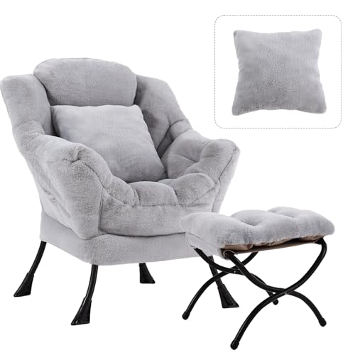 Lazy Chair with Ottoman, Plush Reading Chair with Pillow，Gray | Removable machine-washable cover; includes an extra throw pillow; cozy accent chair for living room, bedroom, dorm or office - color: Plush White Grey-1