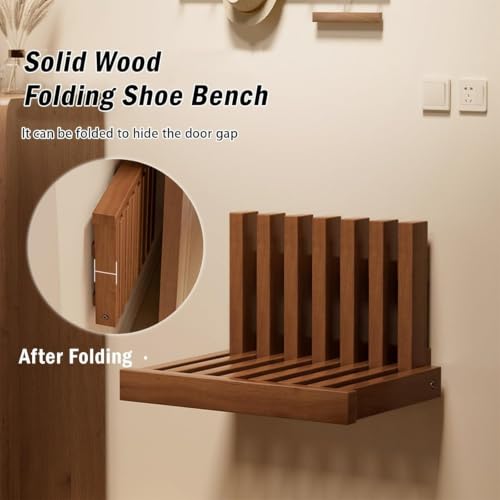 Folding Wall Table Wooden Hanging Wall Mounted Shoe Bench Ventilated Hidden Flip Down Seat Multi-Functional Floating Bedside Table - color: Walnut