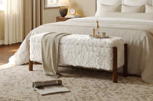 Modern Storage Benches with Walnut Wood Legs, 47'' Ottoman Bench with 20 Gallons Storage Space for Bedroom End of Bed, Faux Fur Fabric Upholstered Entryway Bench, Beige - color: Faux Fur-beige