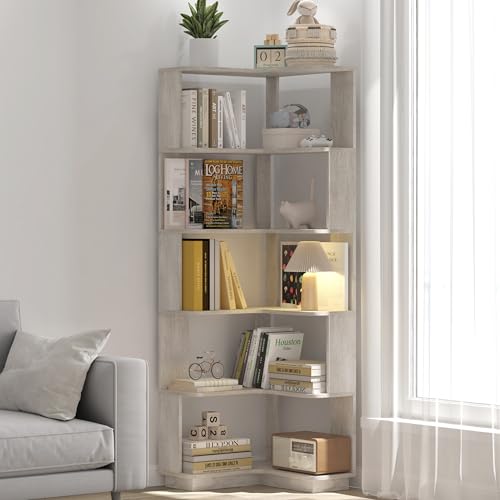 GDFStudio 64.6" Tall L-Shaped Corner Bookshelf, 6-Tier Freestanding Corner Shelf Bookcase with Anti-Drop Panels, Wooden Open Back Display Shelves Organizer for Living Room Bedroom Office, Light Gray - color: Light Gray