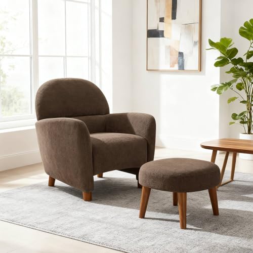 Accent Chair and Ottoman Set, Modern Upholstered Barrel Chair w/Footrest, Small Comfy Armchair Boucle Couch Single Sofa Chair for Living Room Lounge Bedroom Reading Corner, Brown - color: Brown, size: Barrel Chair