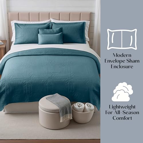 Clara Clark Quilts Twin Size - All Season Bedspread Coverlet Set, Pinsonic Weave Lightweight Bedding Set - 5 Piece Twin Quilt Set with Pillow Shams, Stone Blue - Twin Grid - color: 25 – Stone Blue – Grid, size: Twin