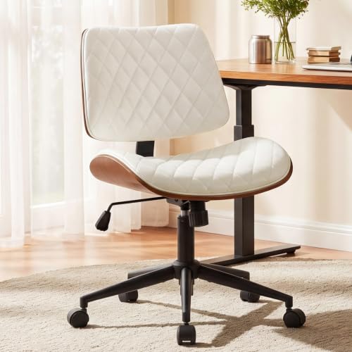 Furnimart Wooden Armless Desk Chair with Wheels, 360° Swivel Faux Leather Vanity Chair for Bedroom, Small Office Computer Task Chair for Home & Compact Spaces (PU White) - color: Pu-white