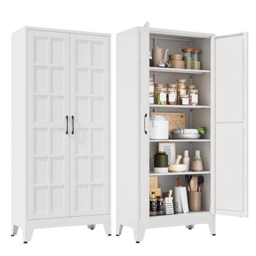 Metal Storage Cabinet with Doors and Adjustable Shelves | 71" Tall Pantry Cabinet for Kitchen Dining Room Bathroom Garage,White,1 Pce - color: White, size: 15.8"D x 31.5"W x 71"H-D