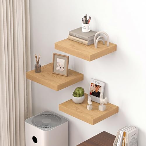 Dreamland 16" Floating Shelves for Wall, 12" Deep Thicker Floating Shelves, Wall-Mounted Shelves for Bedroom, Living Room, Kitchen, Bathroom,Oak - Set of 3 - color: Oak, size: 16"W x 12"D x 2"H, Set of 3